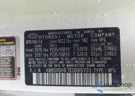 2014 Hyundai Santa Fe Gls из США, поврежденный, VIN KM8SRDHF7EU065731